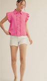 JODIFL Ruffle Detail Button Down Crinkled Solid Top