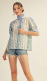JODIFL Ruffle Detail Crinkle Floral Top In Blue